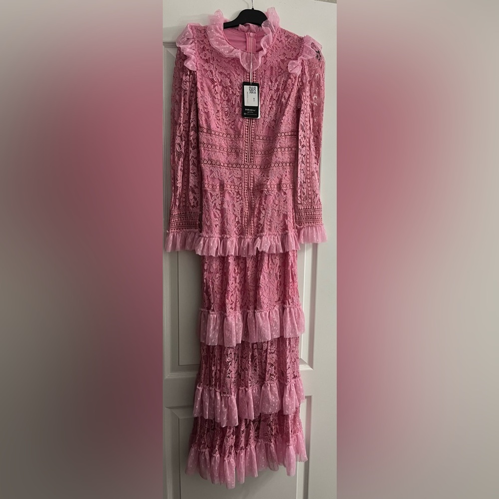 Pink Stand Collar Long Sleeve High Waist Embroidery Slim Elegant Dresses